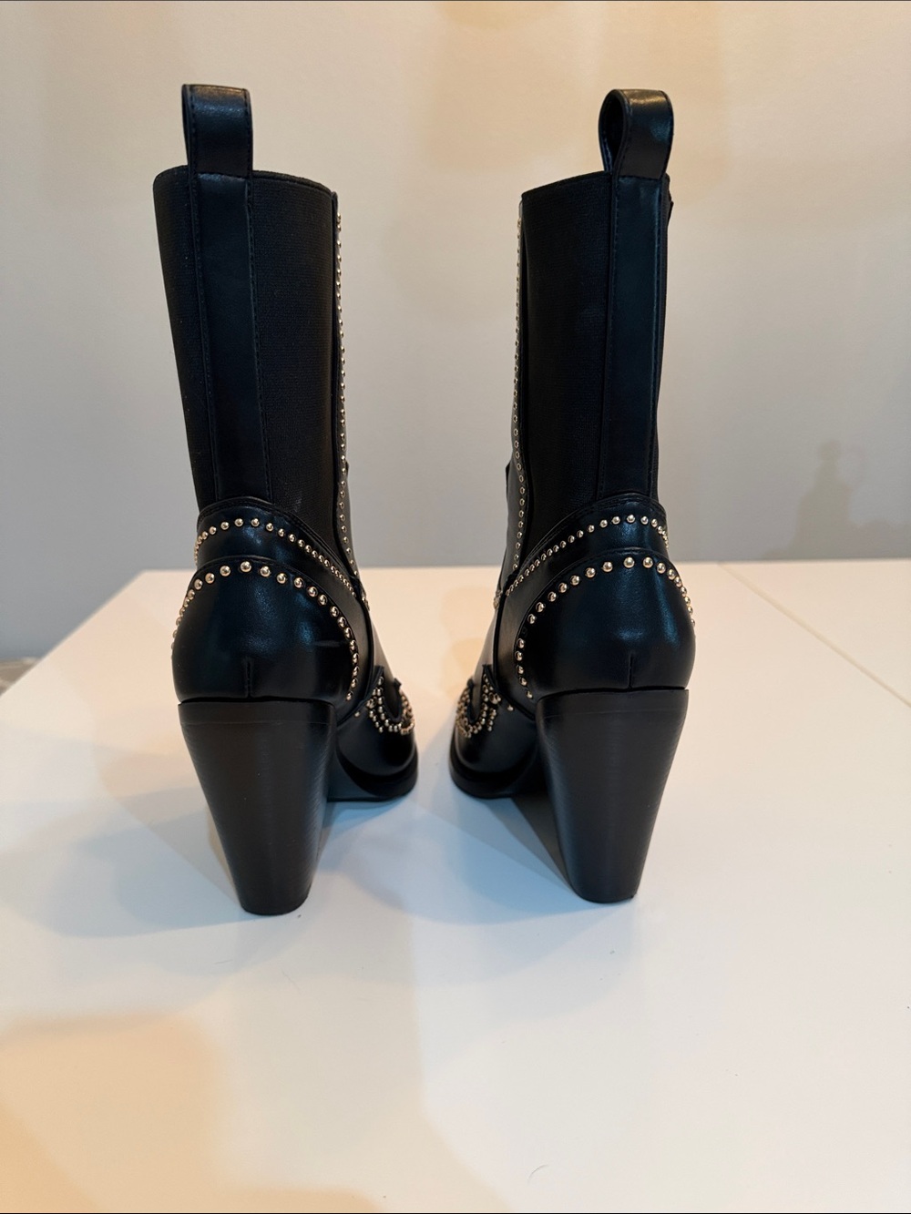 Black Studded Western Heeled Boots with Gold Toe Caps - Picture 4 of 6